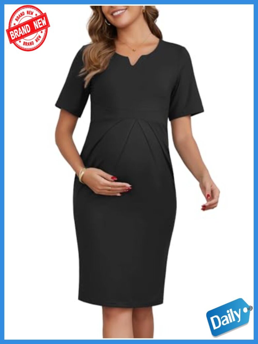 Maternity Work Dress Semi Formal V-Neck Front Pleated Short Sleeve Office